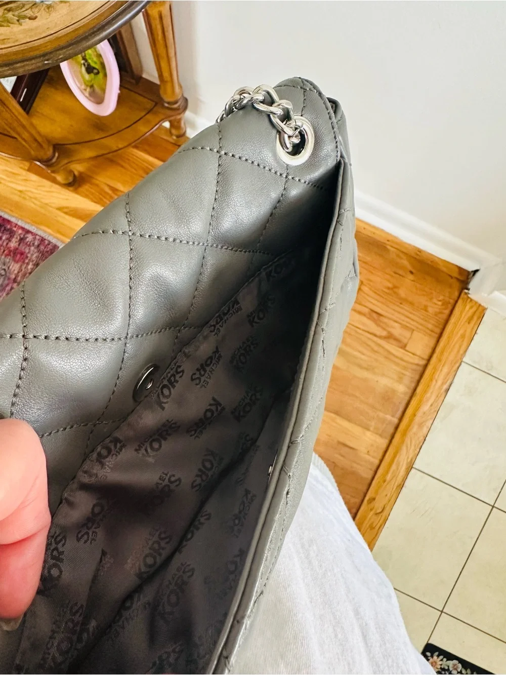 Michael Kors Quilted Grey Leather Shoulder Bag with Chain Strap
